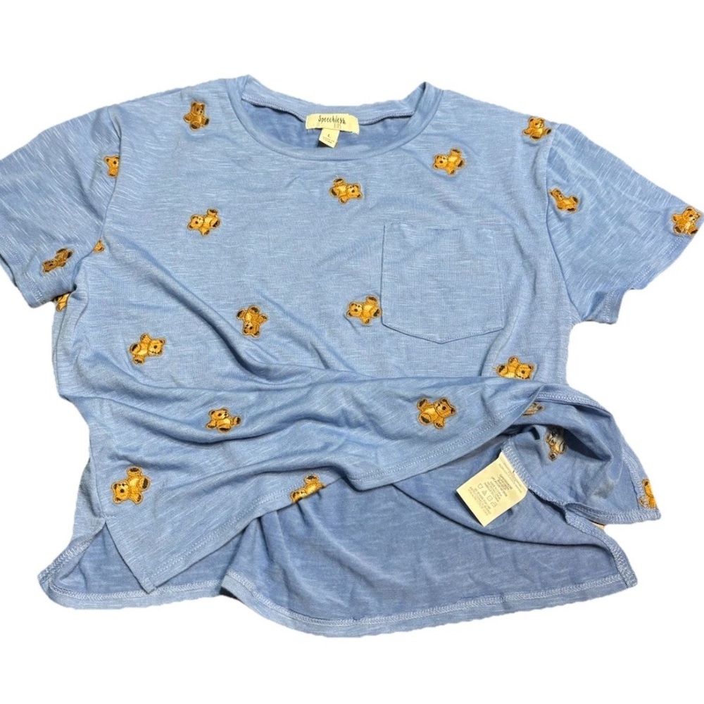 Speechless Kids Light Blue Kids Tee with Teddy Bear Embroidery Girls size Large.